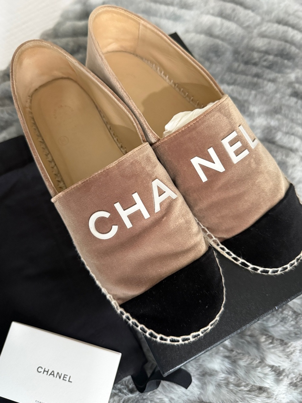 CHANEL Beige Velvet and Black Cap-Toe Espadrilles